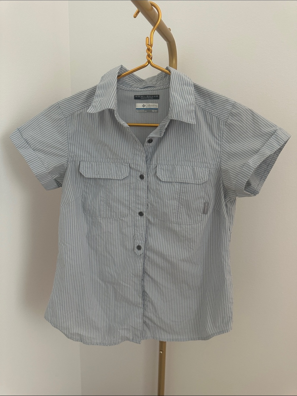 Columbia Women's Short Sleeve Button-down Shirt in Light Blue Stripe